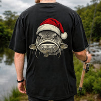 Christmas Catfish Santa Hat Holiday Fishing Graphic T-Shirt | Back Print