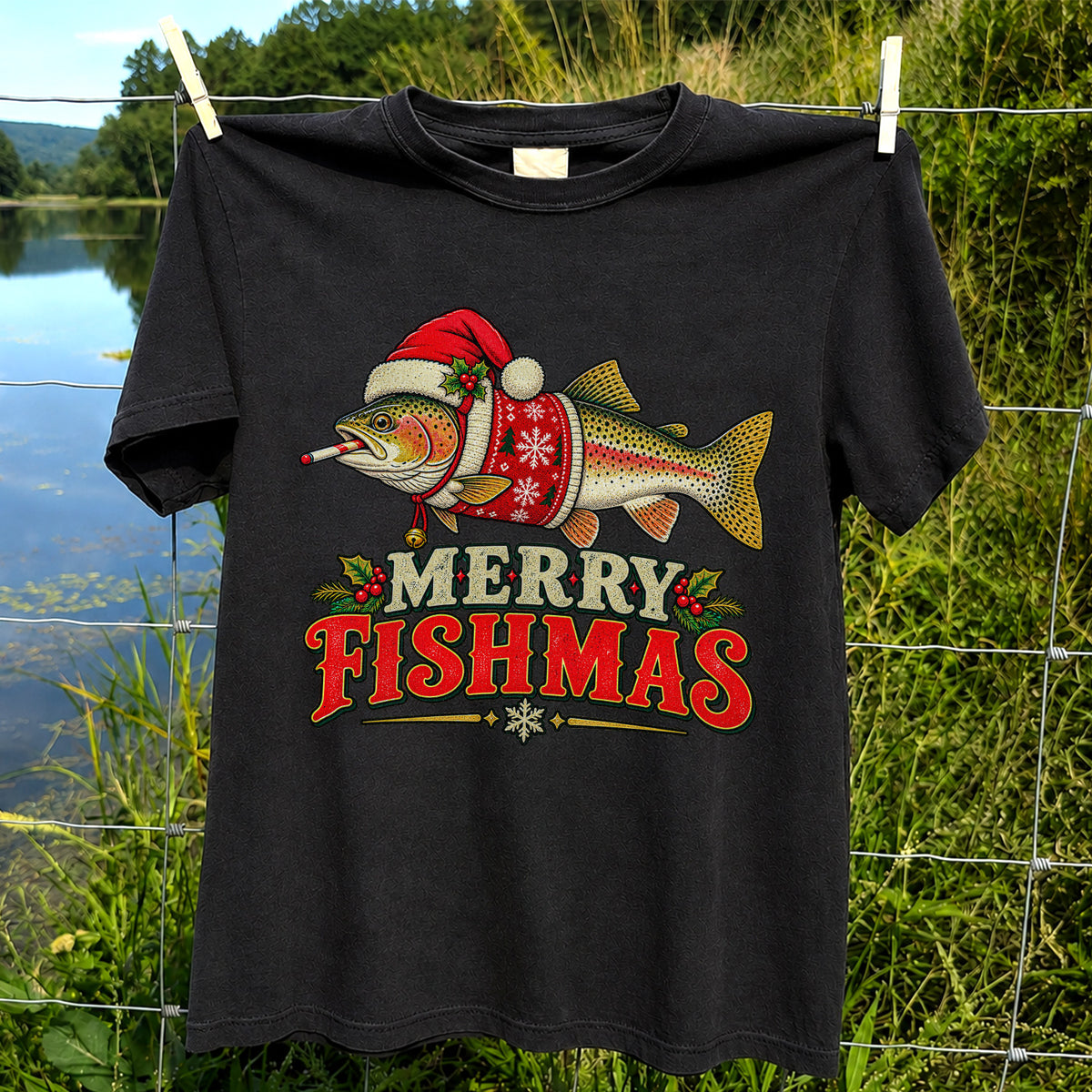 Christmas Trout Santa Fishing Graphic T-Shirt