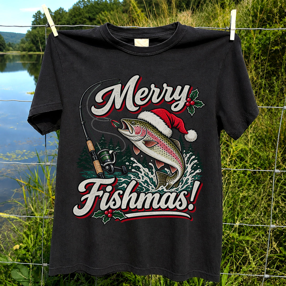 Merry Fishmas Rainbow Trout in Santa Hat Christmas Fishing T-Shirt, Trout Fishing