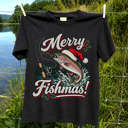 Merry Fishmas Rainbow Trout in Santa Hat Christmas Fishing T-Shirt, Trout Fishing