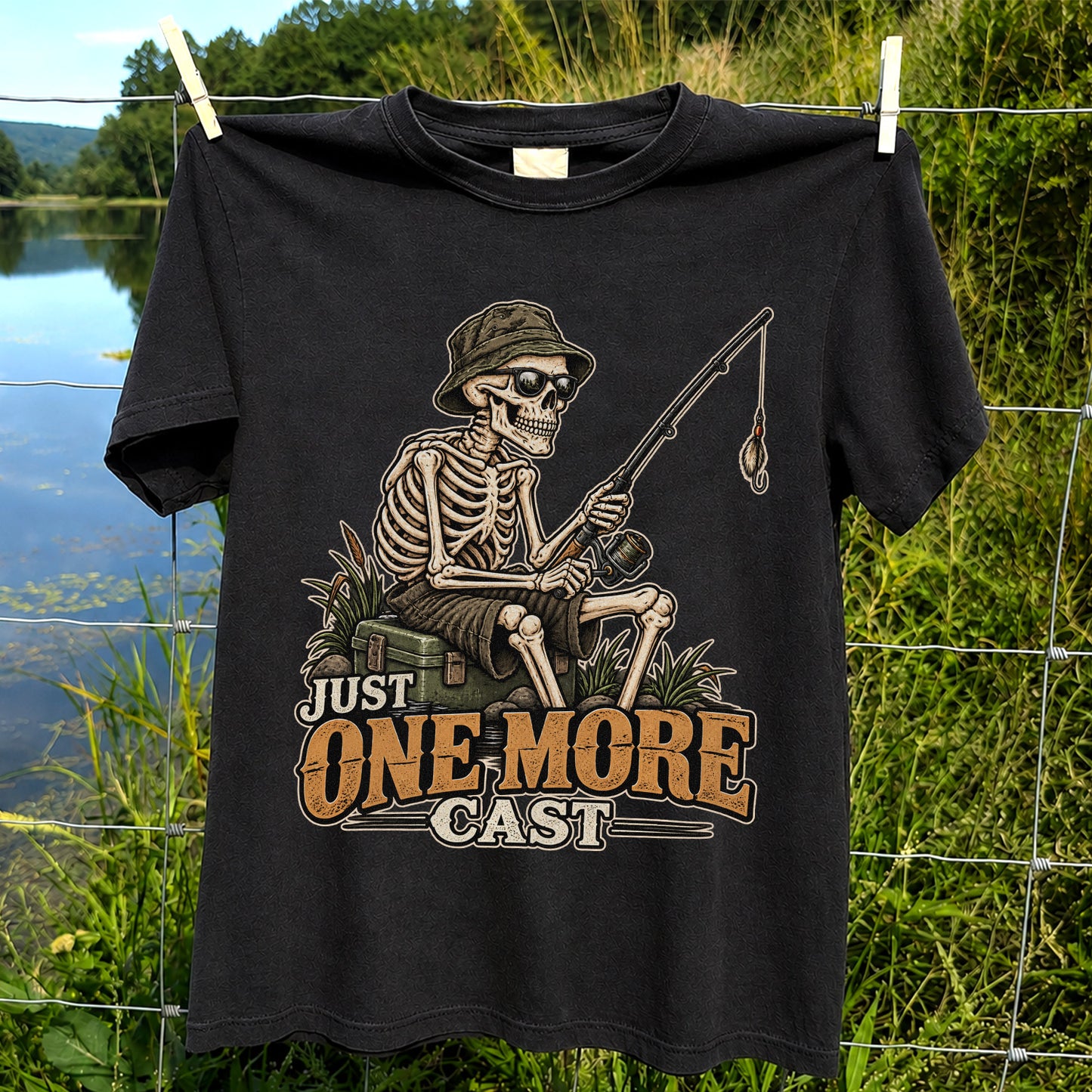 Just One More Cast Skeleton Angler Funny Fishing T-Shirt