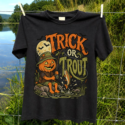 Trick or Trout Pumpkin Angler Halloween Fishing T-Shirt