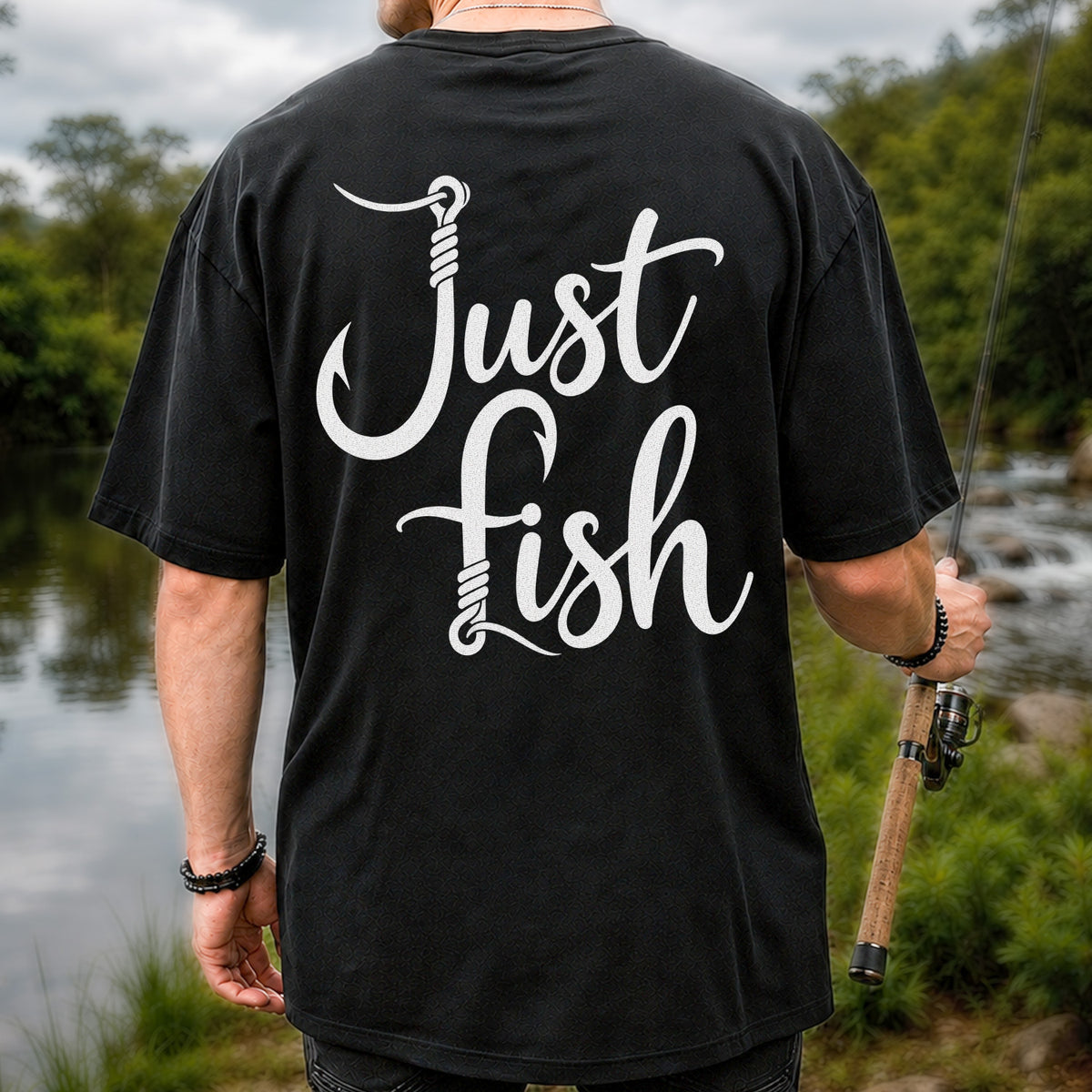 Just Fish Funny Fishing Hook Graphic T-Shirt | Back Print