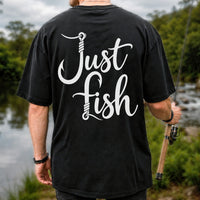 Just Fish Funny Fishing Hook Graphic T-Shirt | Back Print