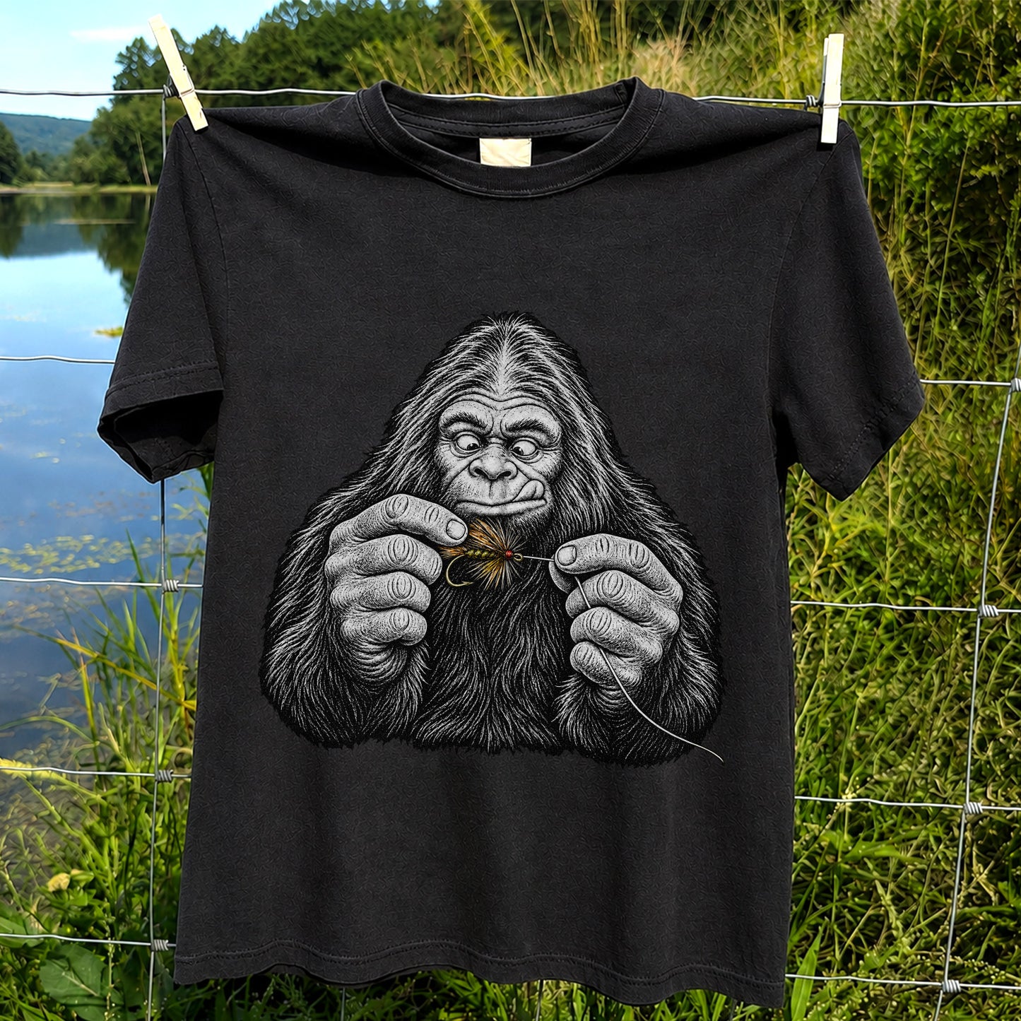 Bigfoot Tying a Fly Fishing Lure Graphic T-Shirt