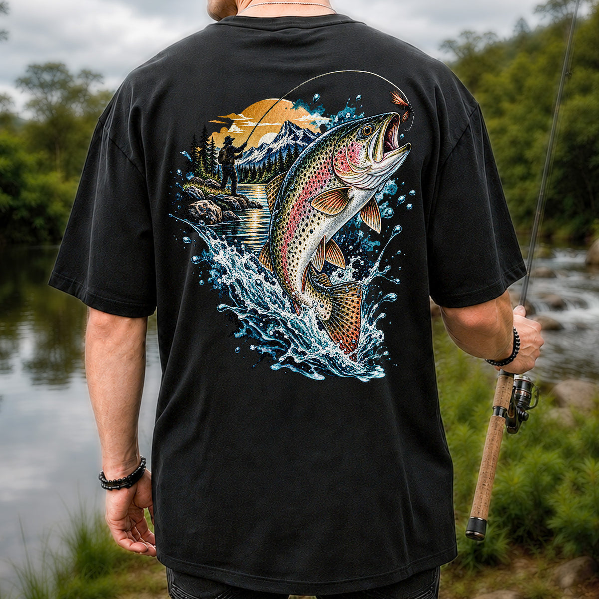 Leaping Rainbow Trout Mountain River Fly Fishing Graphic T-Shirt | Back Print