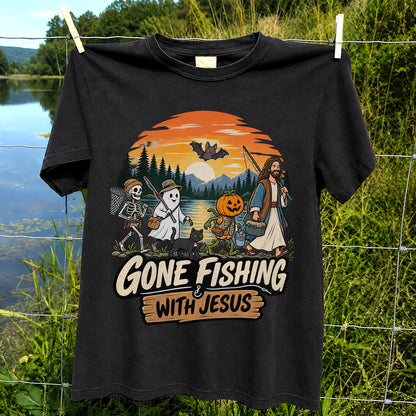Gone Fishing with Jesus Skeleton Ghost and Pumpkin Halloween Fishing T-Shirt