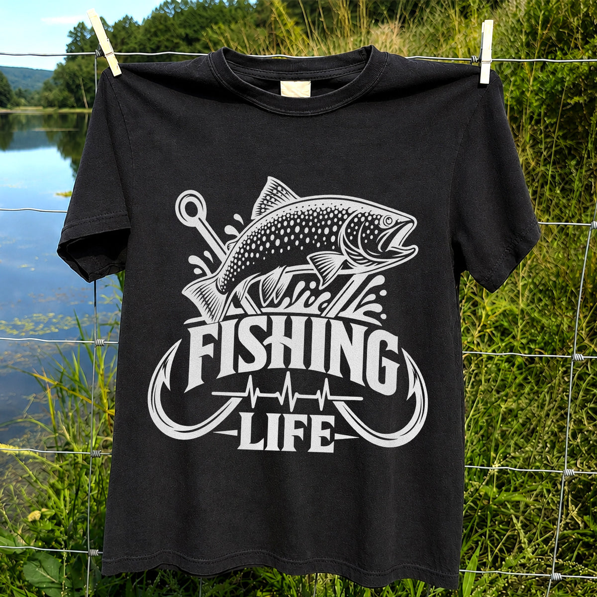 Fishing Life Trout and Hooks Heartbeat Graphic T-Shirt