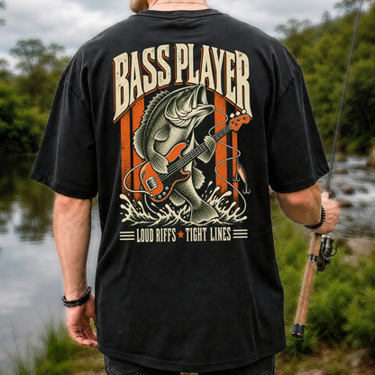 Bass Playing Guitar Vintage Fishing Graphic T-Shirt | Back Print