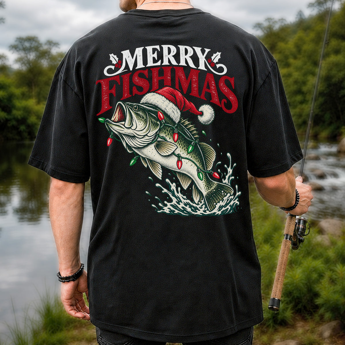 Christmas Bass Fishing Graphic T-Shirt with Santa Hat | Back Print