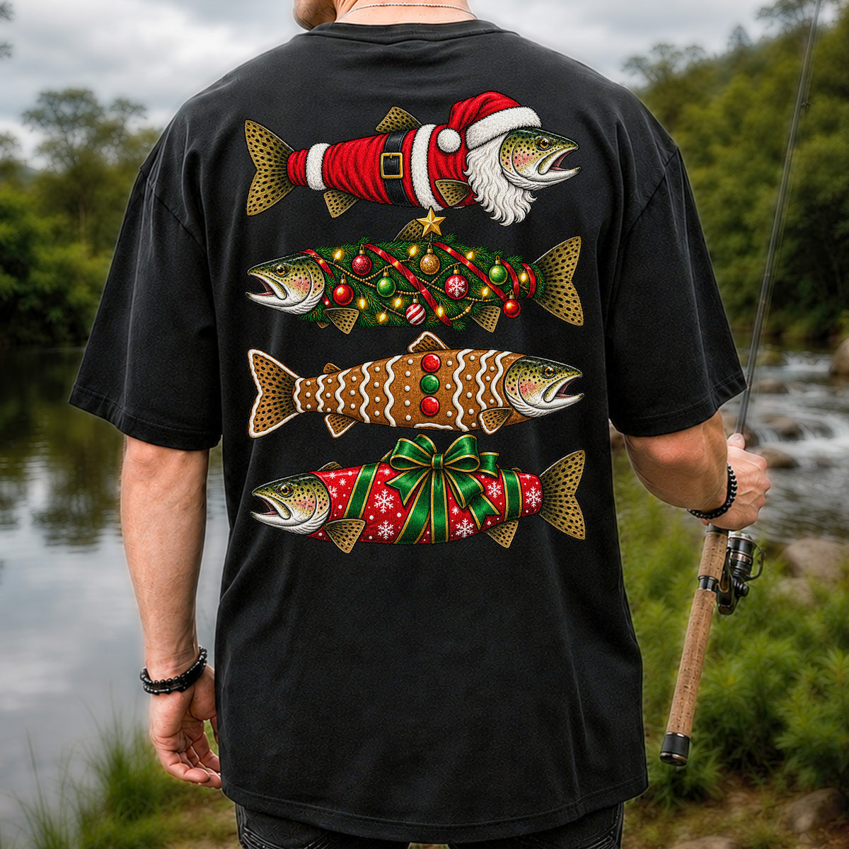 Festive Christmas Trout Santa and Gingerbread Fishing T-Shirt | Back Print