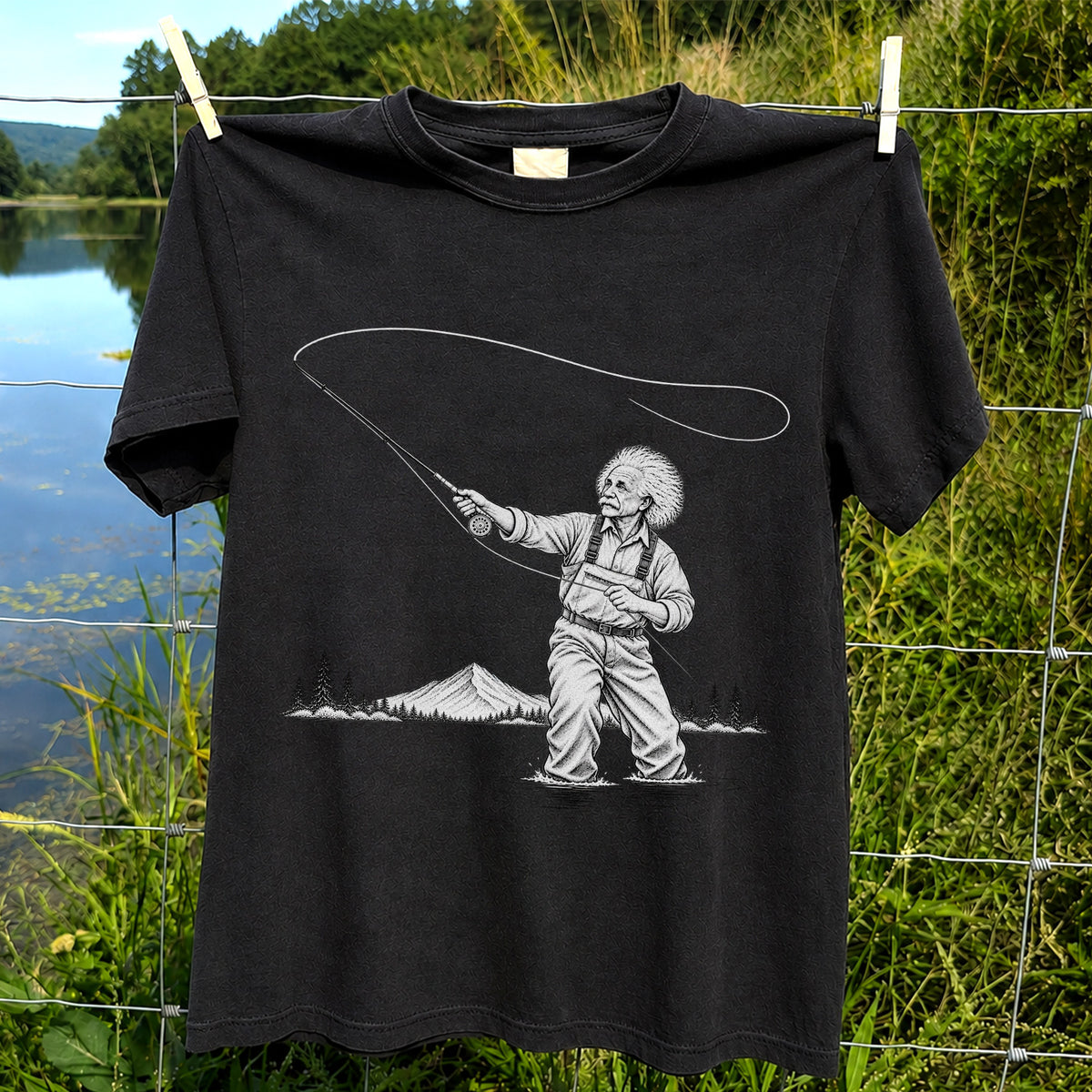 Vintage Fly Fisherman Mountain Lake Fishing Graphic T-Shirt
