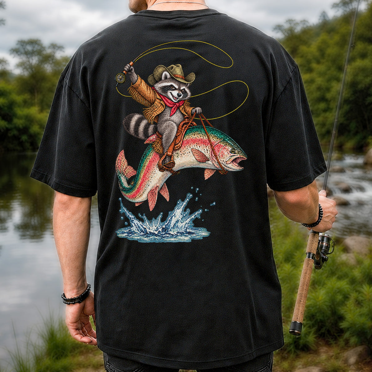 Cowboy Raccoon Riding a Rainbow Trout Fishing Graphic T-Shirt | Back Print