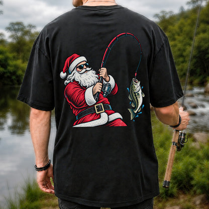 Santa Claus Catching a Bass Christmas Fishing Graphic T-Shirt | Back Print