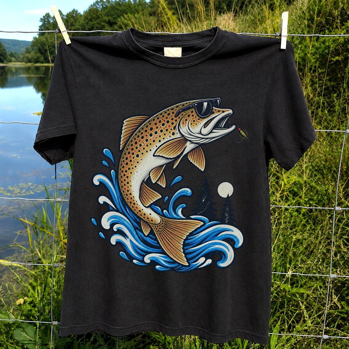 Brown Trout Sunglasses Fishing Graphic T-Shirt with Lure