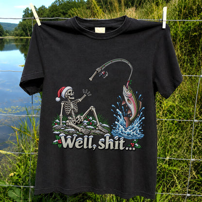 Well, Shit... Skeleton and Leaping Rainbow Trout Christmas Fishing T-Shirt