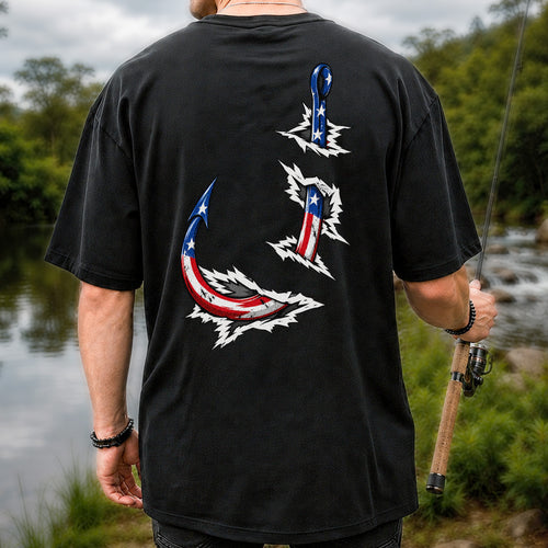 Patriotic American Flag Fishing Hooks Graphic T-Shirt | Back Print