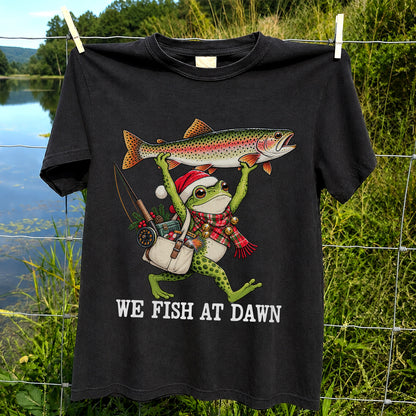 Frog Holding Rainbow Trout Fishing at Dawn Graphic T-Shirt
