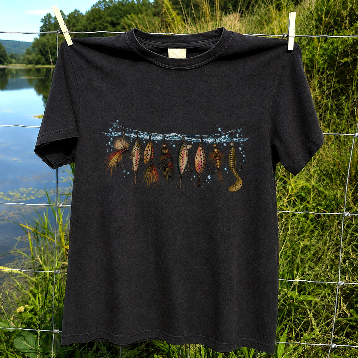 Vintage Fishing Lures Hanging from a Waterline Graphic T-Shirt