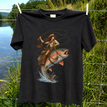 Western Cowgirl Riding a Rainbow Trout Fly Fishing Graphic T-Shirt