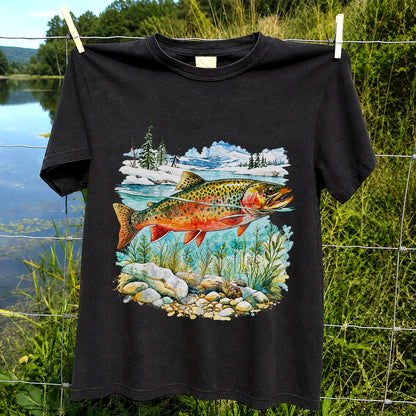 Brown Trout in Mountain River Watercolor Fishing Graphic T-Shirt