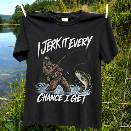 Jerk It Every Chance I Get Bigfoot Fishing Graphic T-Shirt
