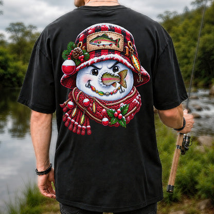 Christmas Snowman Trout Fishing Graphic T-Shirt | Back Print