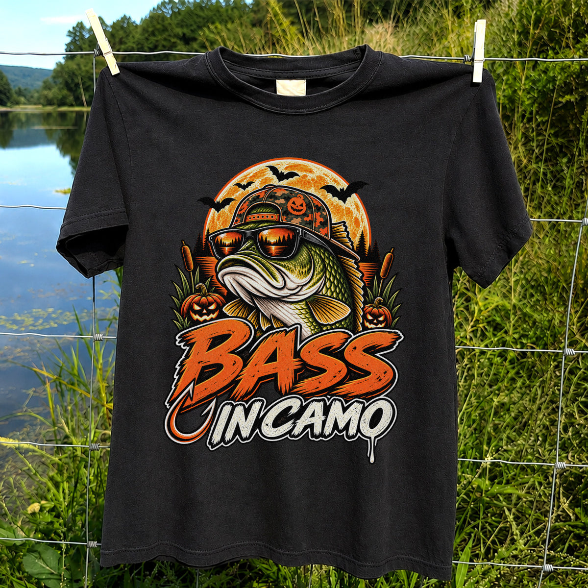 Bass in Camo Halloween Bass Fishing Graphic T-Shirt