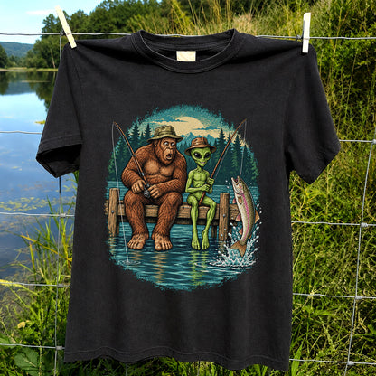 Bigfoot and Alien Fishing on a Dock with Rainbow Trout Graphic T-Shirt