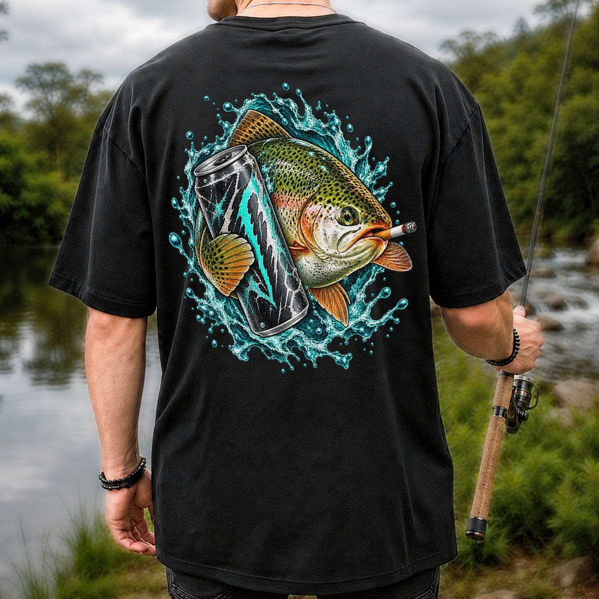 Rainbow Trout with Cigarette and Energy Drink Fishing T-Shirt | Back Print