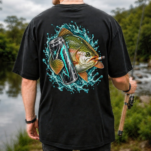 Rainbow Trout with Cigarette and Energy Drink Fishing T-Shirt | Back Print