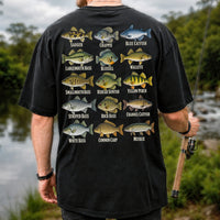 Bass Crappie and Catfish Freshwater Fish Chart Graphic T-Shirt | Back Print