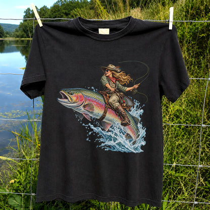 Cowgirl Riding a Rainbow Trout Fly Fishing Graphic T-Shirt