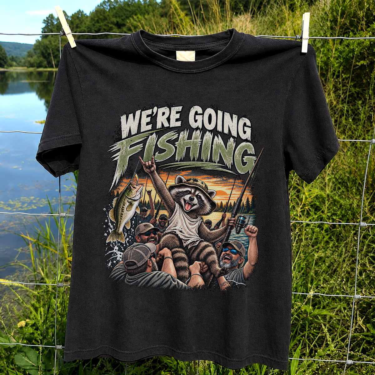We're Going Fishing Raccoon Outdoor Fishing Graphic T-Shirt