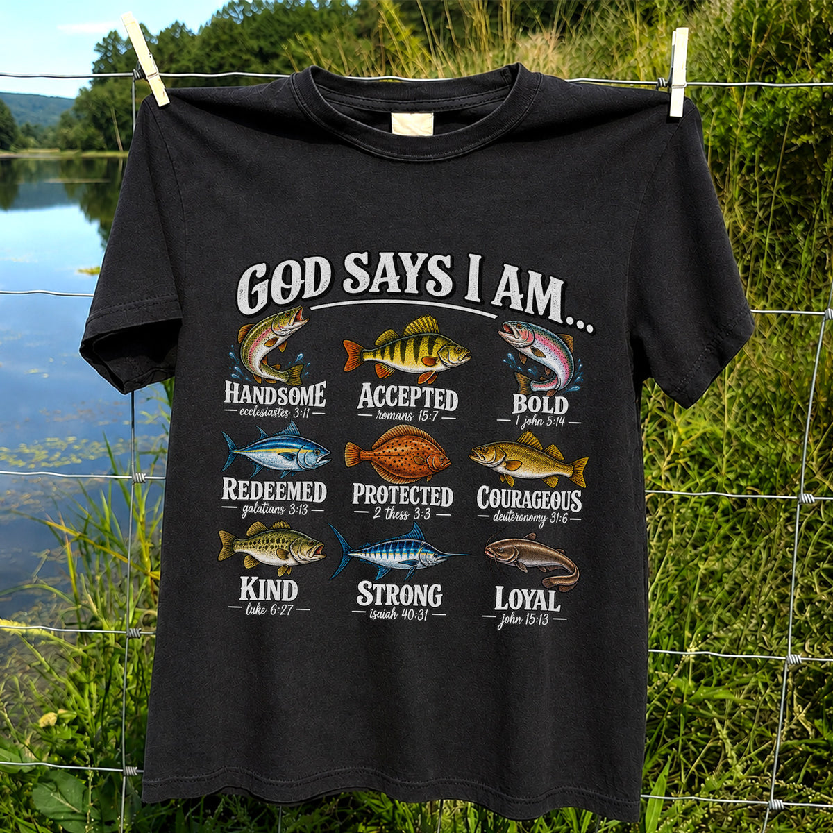 God Says I Am Christian Fish and Bible Verse Fishing Graphic T-Shirt
