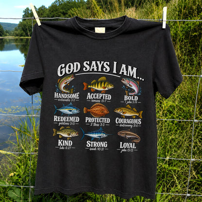 God Says I Am Christian Fish and Bible Verse Fishing Graphic T-Shirt