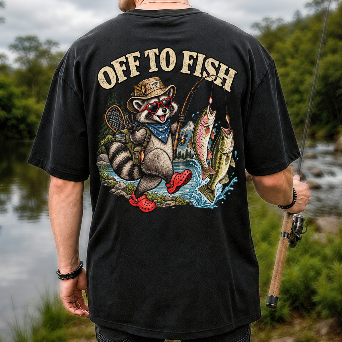 Off to Fish Raccoon with Trout and Bass Fishing T-Shirt | Back Print