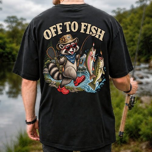 Off to Fish Raccoon with Trout and Bass Fishing T-Shirt | Back Print