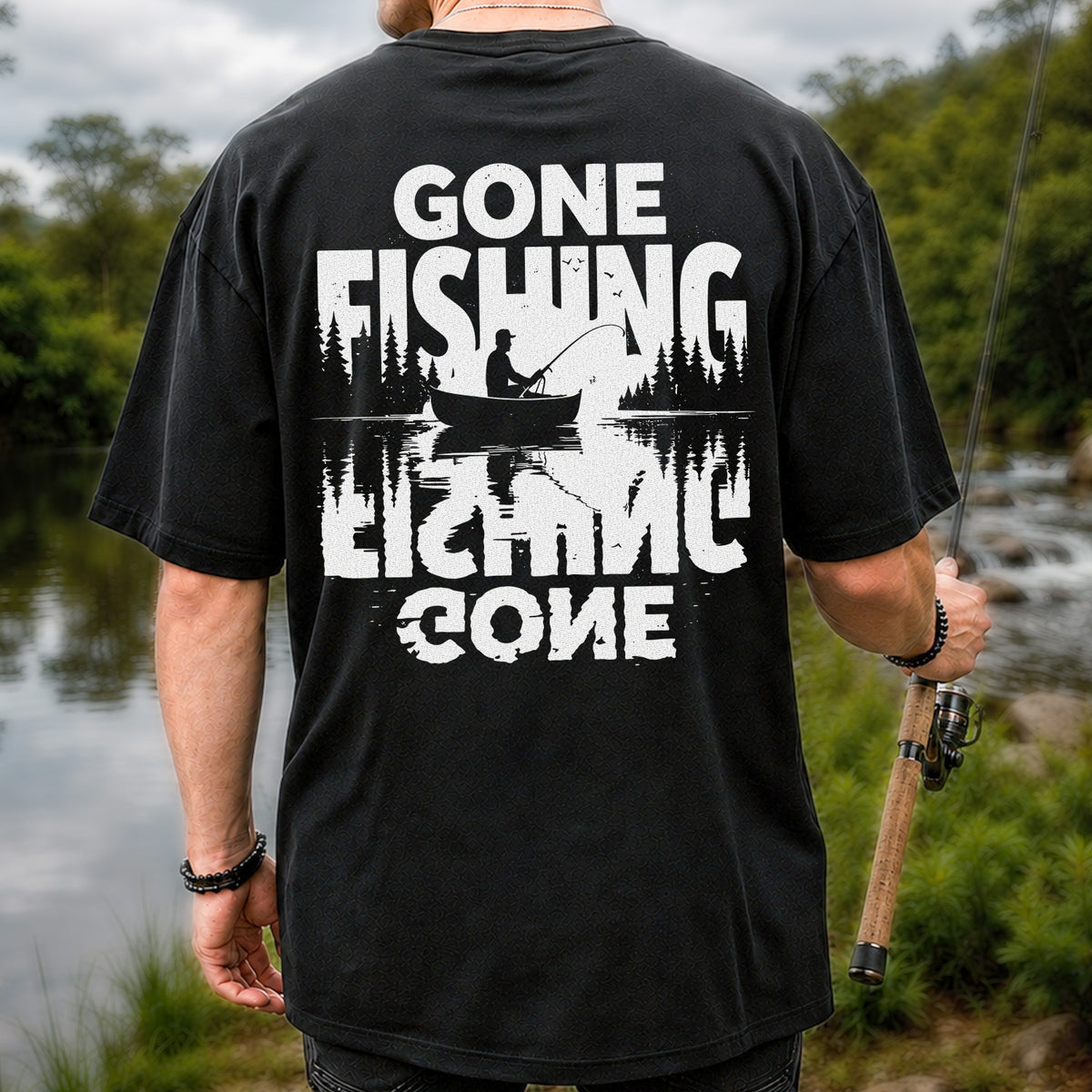 Gone Fishing Lake Adventure Angler Graphic T-Shirt | Back Print