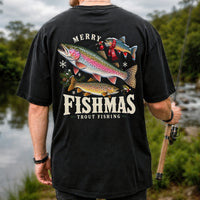 Merry Fishmas Trout Fishing Christmas Graphic T-Shirt | Back Print