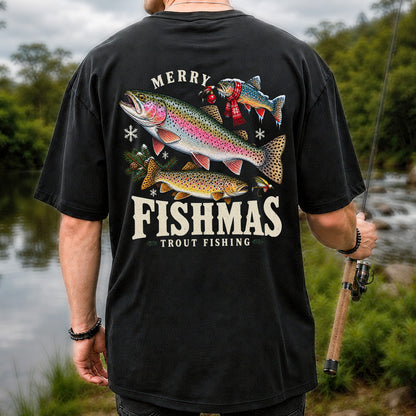 Merry Fishmas Trout Fishing Christmas Graphic T-Shirt | Back Print