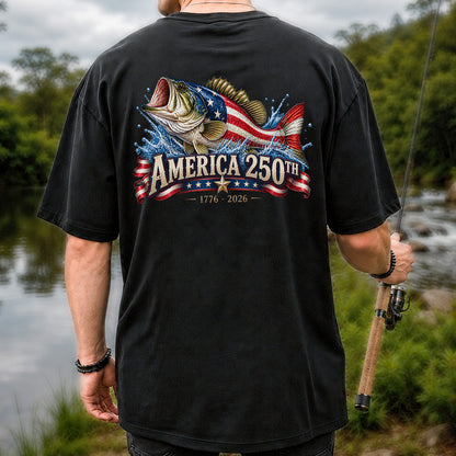 America 250th 1776–2026 American Flag Bass Fishing T-Shirt | Back Print