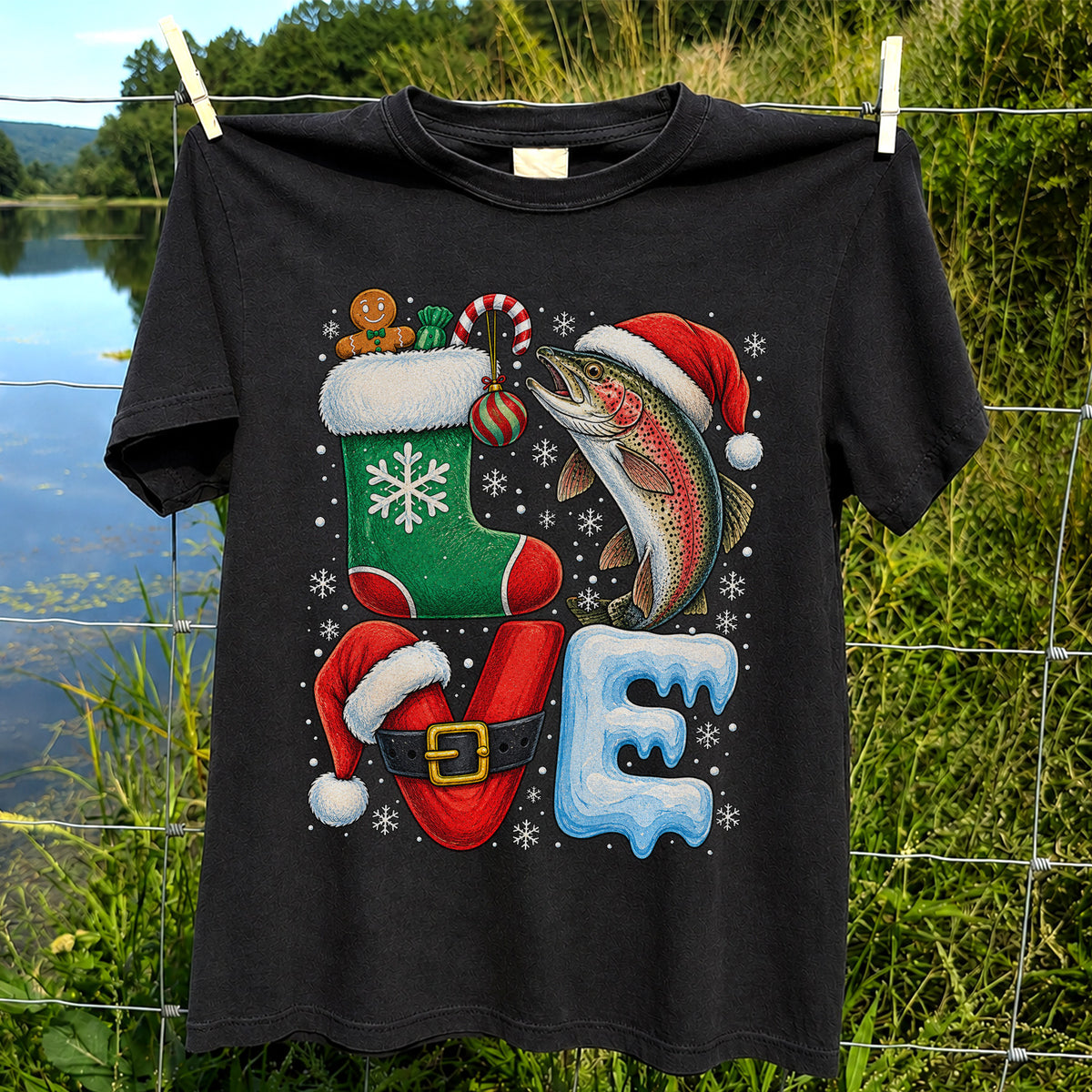 Christmas LOVE Rainbow Trout and Stocking Fishing Graphic T-Shirt