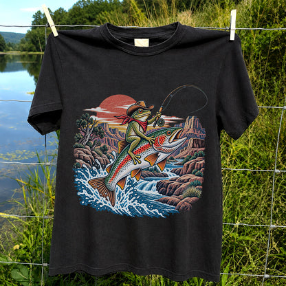 Cowboy Frog Riding a Rainbow Trout Canyon Fishing Graphic T-Shirt