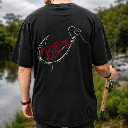 Bite Me Fishing Hook Funny Graphic T-Shirt | Back Print