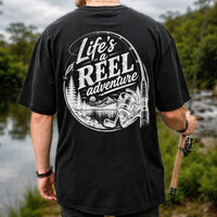 Life's a Reel Adventure Fishing Rod and Mountain Lake T-Shirt | Back Print