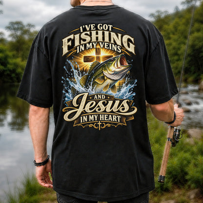 I've Got Fishing in My Veins and Jesus in My Heart Bass and Cross T-Shirt | Back Print