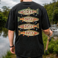 Here Fishy Fishy Fishy Rainbow Trout Fishing Graphic T-Shirt | Back Print
