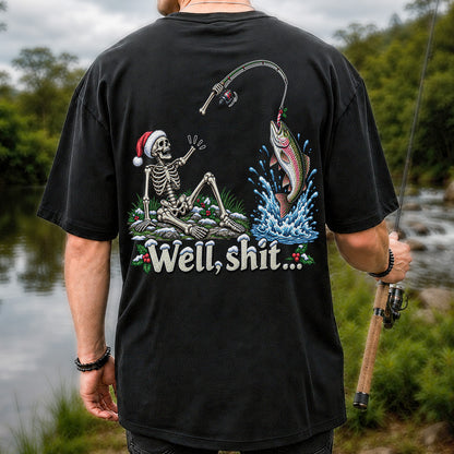 Well, Shit... Skeleton and Leaping Rainbow Trout Christmas Fishing T-Shirt | Back Print