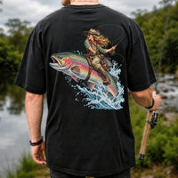 Cowgirl Riding a Rainbow Trout Fly Fishing Graphic T-Shirt | Back Print